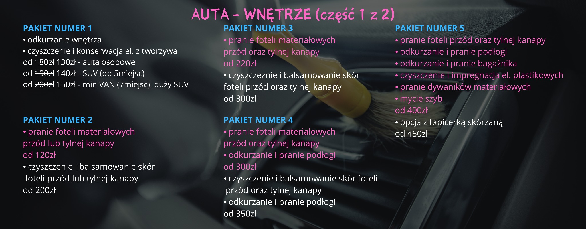 Szczotka czyszcząca kratkę wentylacyjną w samochodzie, zbliżenie na detale wnętrza. Oferta pakietów czyszczenia aut, w tym pranie tapicerki i odkurzanie.