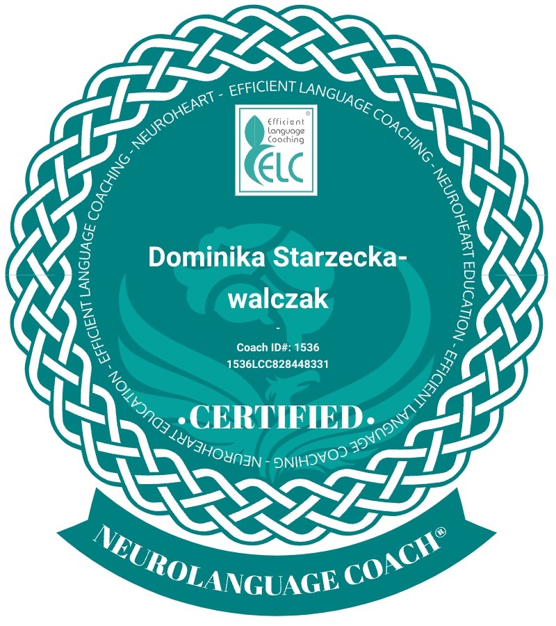 Certyfikat Neurolanguage Coach® z imieniem Dominika Starzecka-walczak, numerem identyfikacyjnym i logo Efficient Language Coaching.