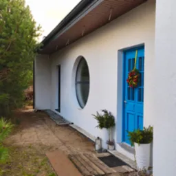 Biały budynek z okrągłym oknem i niebieskimi drzwiami ozdobionymi wieńcem, obok rosną drzewa iglaste, na ziemi leży drabina.