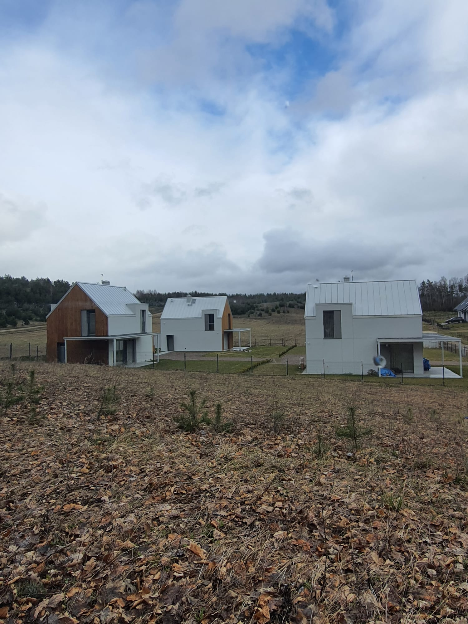 Trzy nowoczesne domy z białymi elewacjami i metalowymi dachami na tle pochmurnego nieba i jesiennego krajobrazu z opadłymi liśćmi.