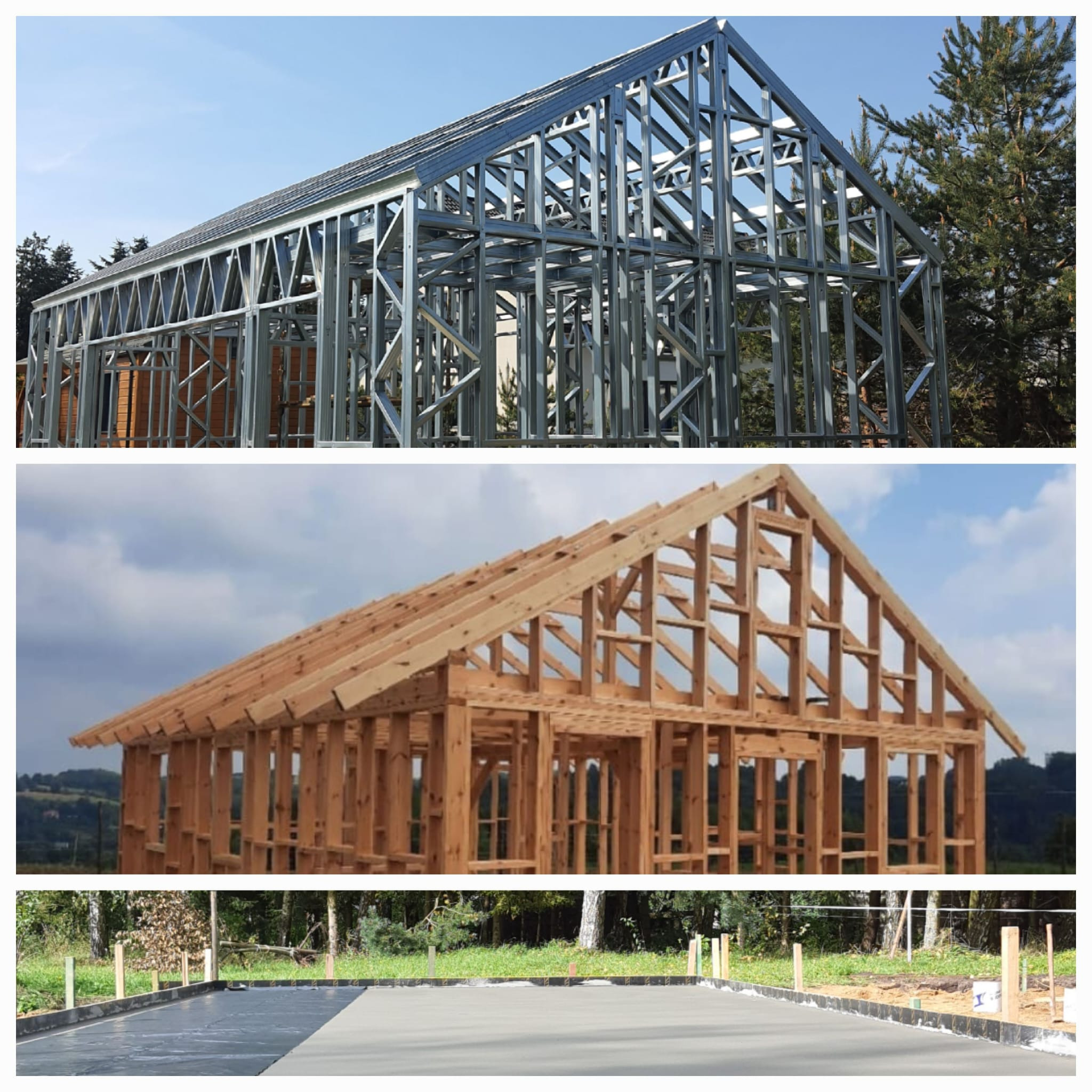 Trzy ujęcia z budowy domu: stalowa konstrukcja szkieletowa na tle nieba i drzew, drewniany szkielet dachu na tle zachmurzonego nieba oraz betonowa płyta fundamentowa z izolacją i drewnianymi...