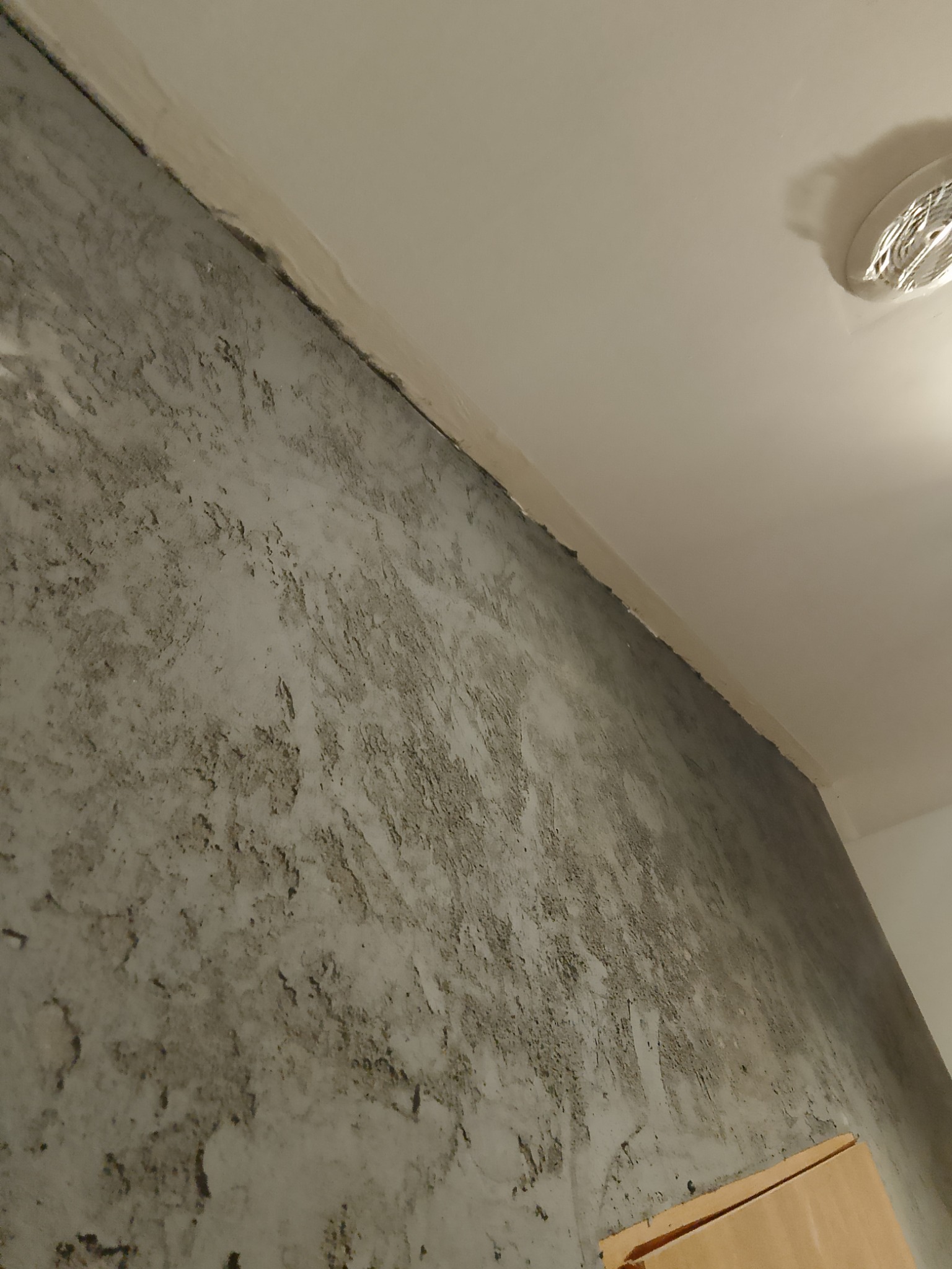 Surowa ściana pokryta szarą, nierówną strukturą, z widocznym łączeniem ze świeżo pomalowanym sufitem w kolorze złamanej bieli i fragmentem widocznej lampy sufitowej.