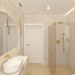 Wizualizacja jasnej łazienki z kabiną prysznicową ze złotymi ramami, umywalką nablatową o owalnym kształcie i podświetlanym lustrem w kształcie łuku, na podłodze parkiet ułożony w jodełkę.