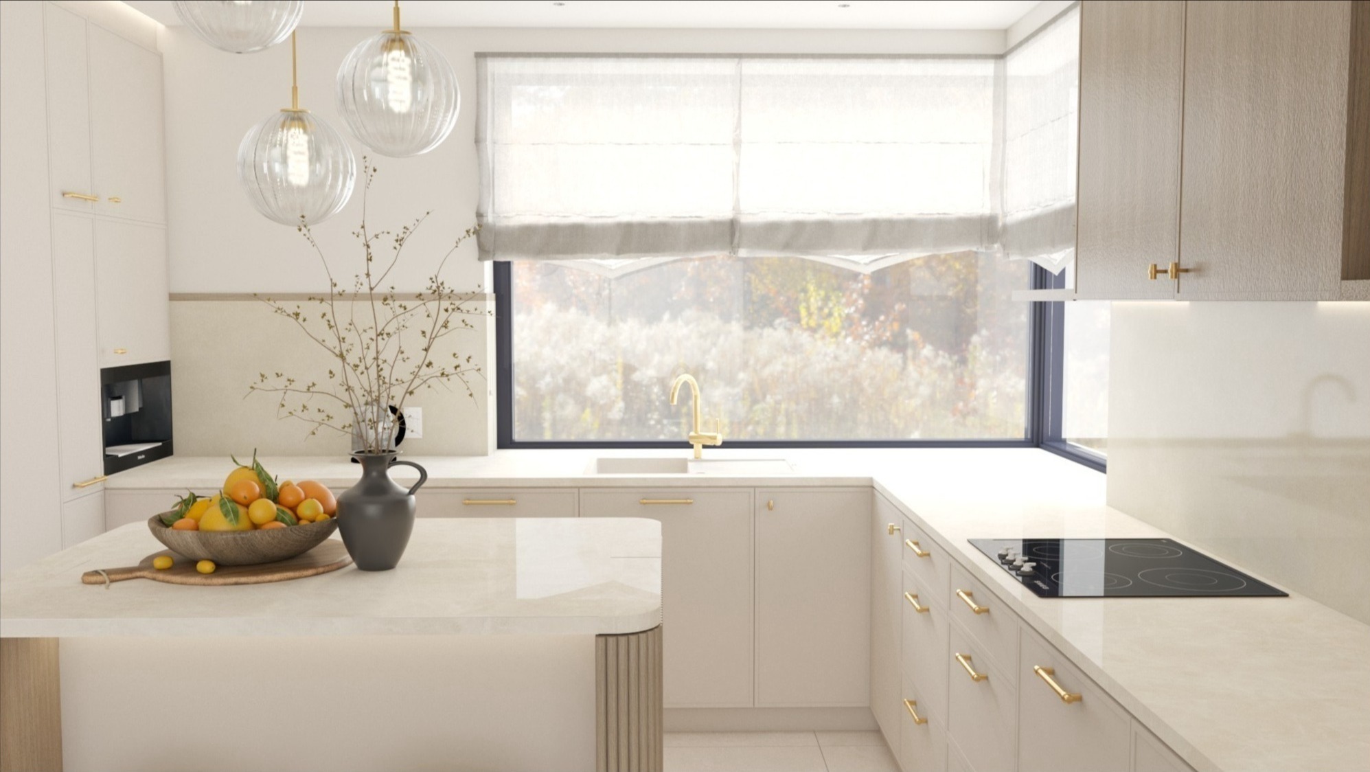 Jasna kuchnia w stylu minimalistycznym z wyspą, drewnianą misą z owocami cytrusowymi i złotą armaturą na tle okna z widokiem na łąkę.