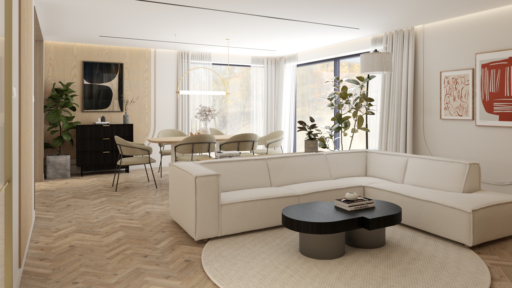 Jasne, przestronne wnętrze salonu z jadalnią, kremowa sofa narożna z czarnym stolikiem kawowym, parkiet w jodełkę, okrągły stół jadalny z krzesłami, duże okna z białymi zasłonami i minimalistyczne...