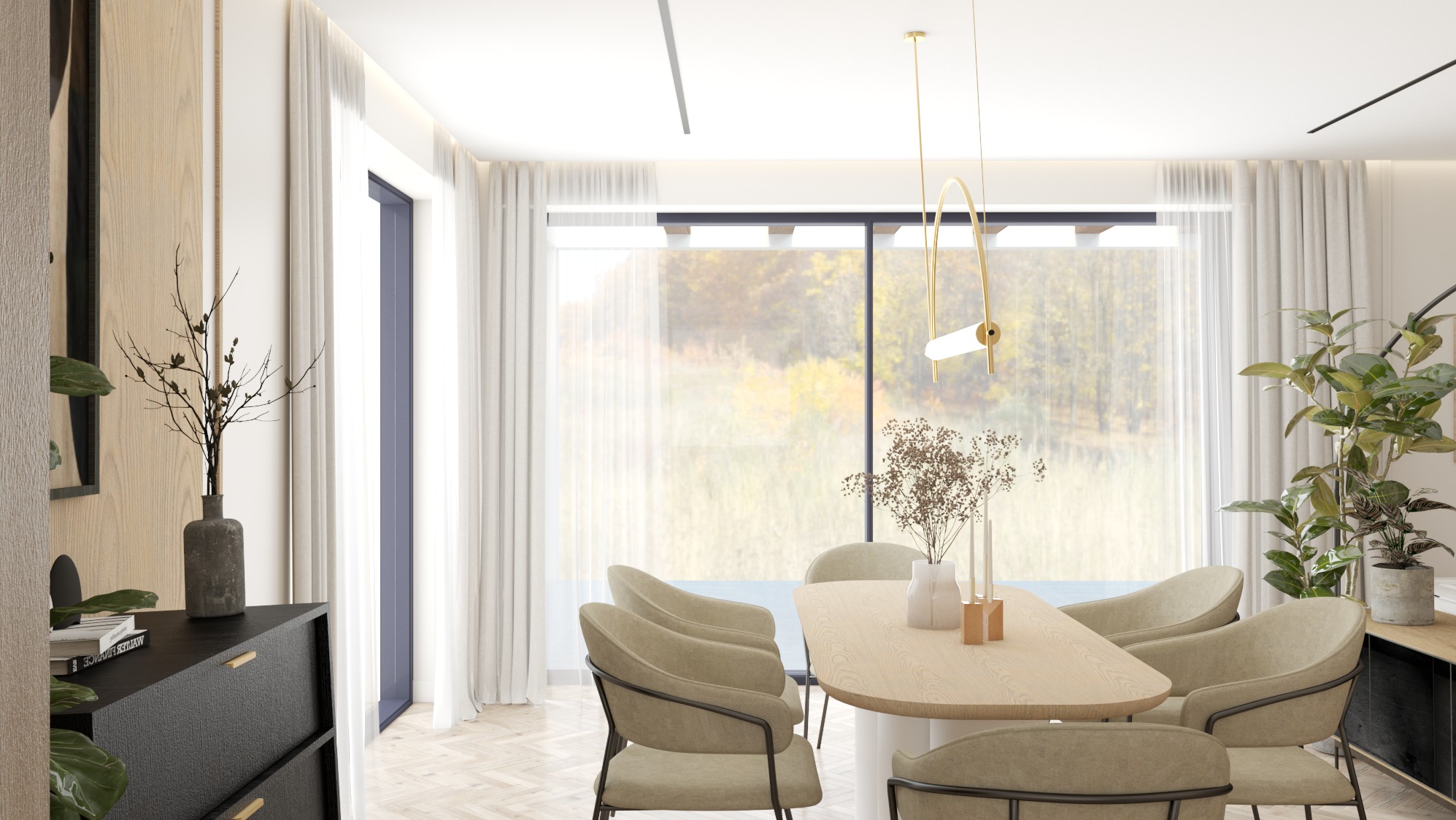 Jasna jadalnia z okrągłym stołem, beżowymi krzesłami, dekoracyjną lampą wiszącą i widokiem na zewnątrz przez duże okno.