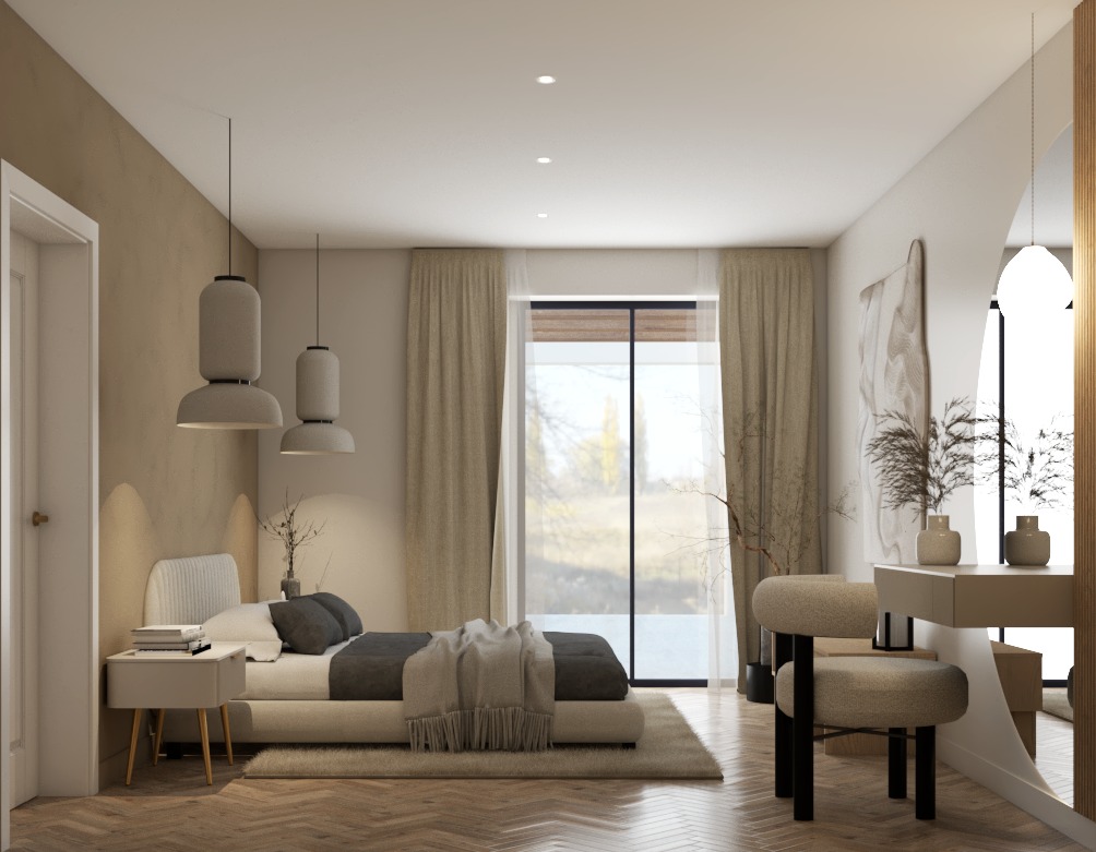 Jasna sypialnia z łóżkiem, toaletką i dużym oknem z widokiem na zewnątrz, oświetlona wiszącymi lampami w kształcie walców, z parkietem ułożonym w jodełkę.