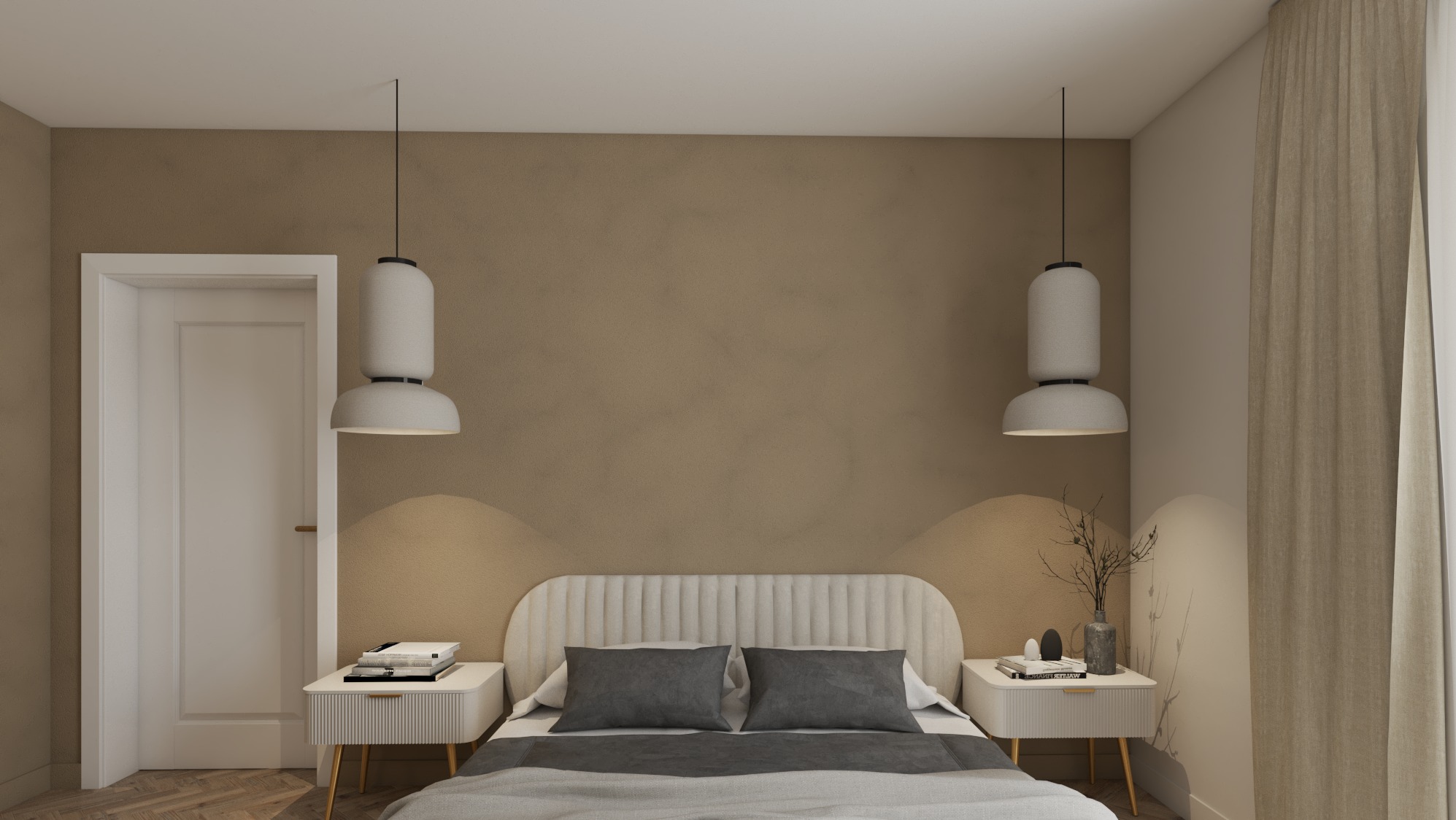 Nowoczesna sypialnia z beżowymi ścianami, łóżkiem z tapicerowanym zagłówkiem, białymi szafkami nocnymi i wiszącymi lampami o cylindrycznym kształcie.