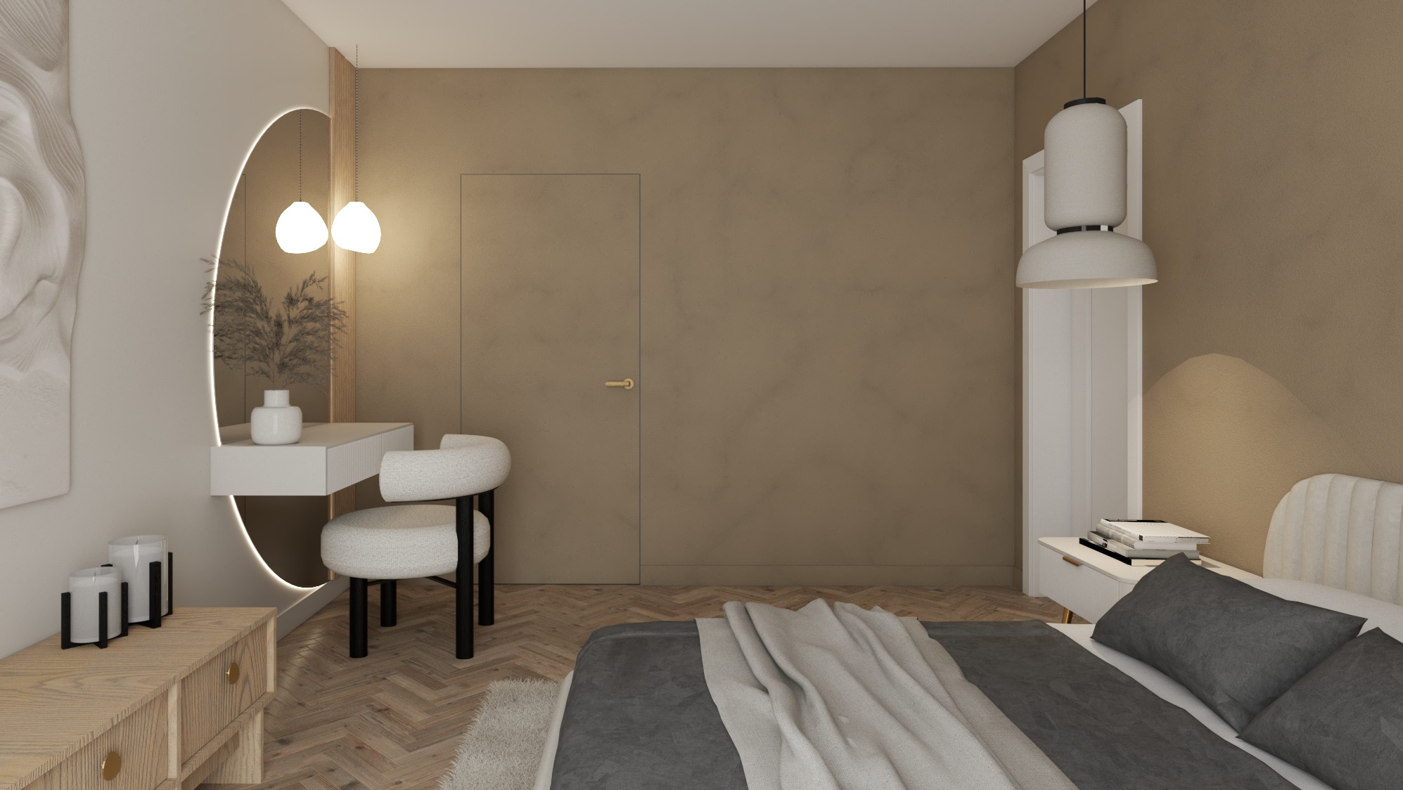 Wizualizacja sypialni w stonowanych beżach, z toaletką z owalnym lustrem podświetlonym ledami, białym krzesłem boucle na czarnych nogach, łóżkiem z szarą pościelą i lampą wiszącą w kształcie walca.