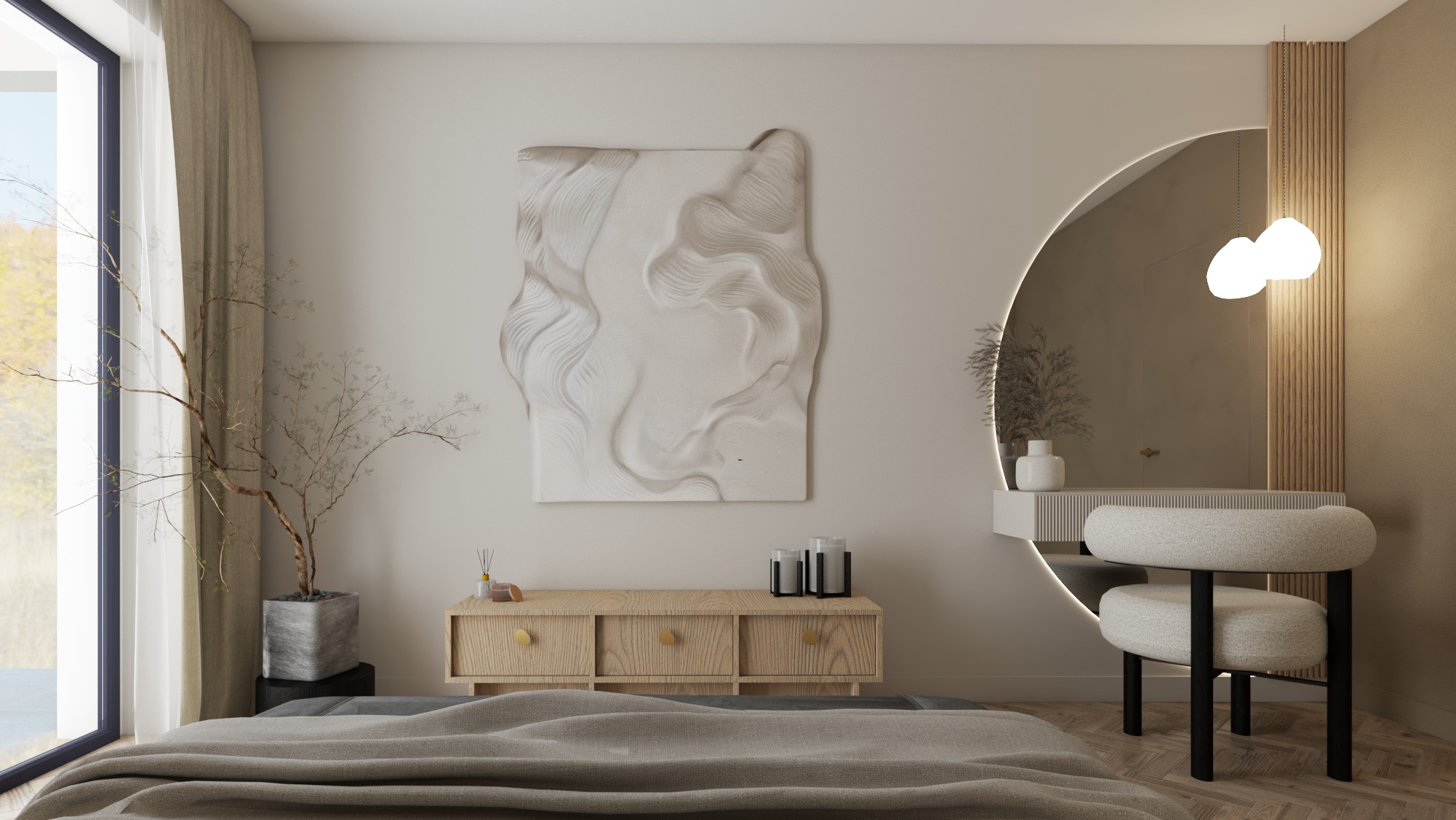 Nowoczesna sypialnia z łóżkiem, drewnianą komodą, abstrakcyjną płaskorzeźbą na ścianie i toaletką z okrągłym, podświetlanym lustrem oraz designerskim krzesłem