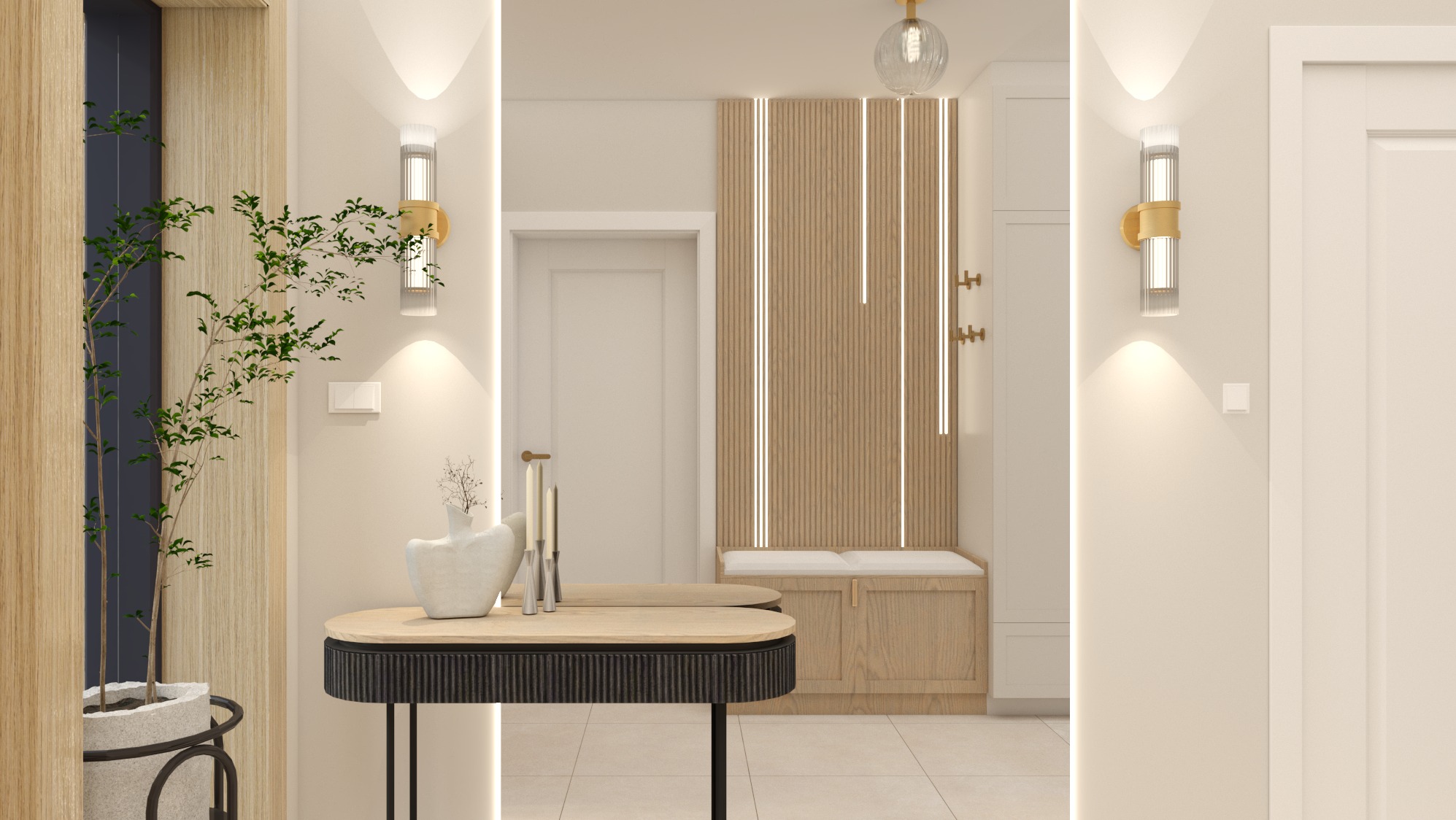 Nowoczesny przedpokój z drewnianą ścianą z wbudowanym siedziskiem, oświetleniem LED, konsolą z dekoracjami i rośliną w donicy.