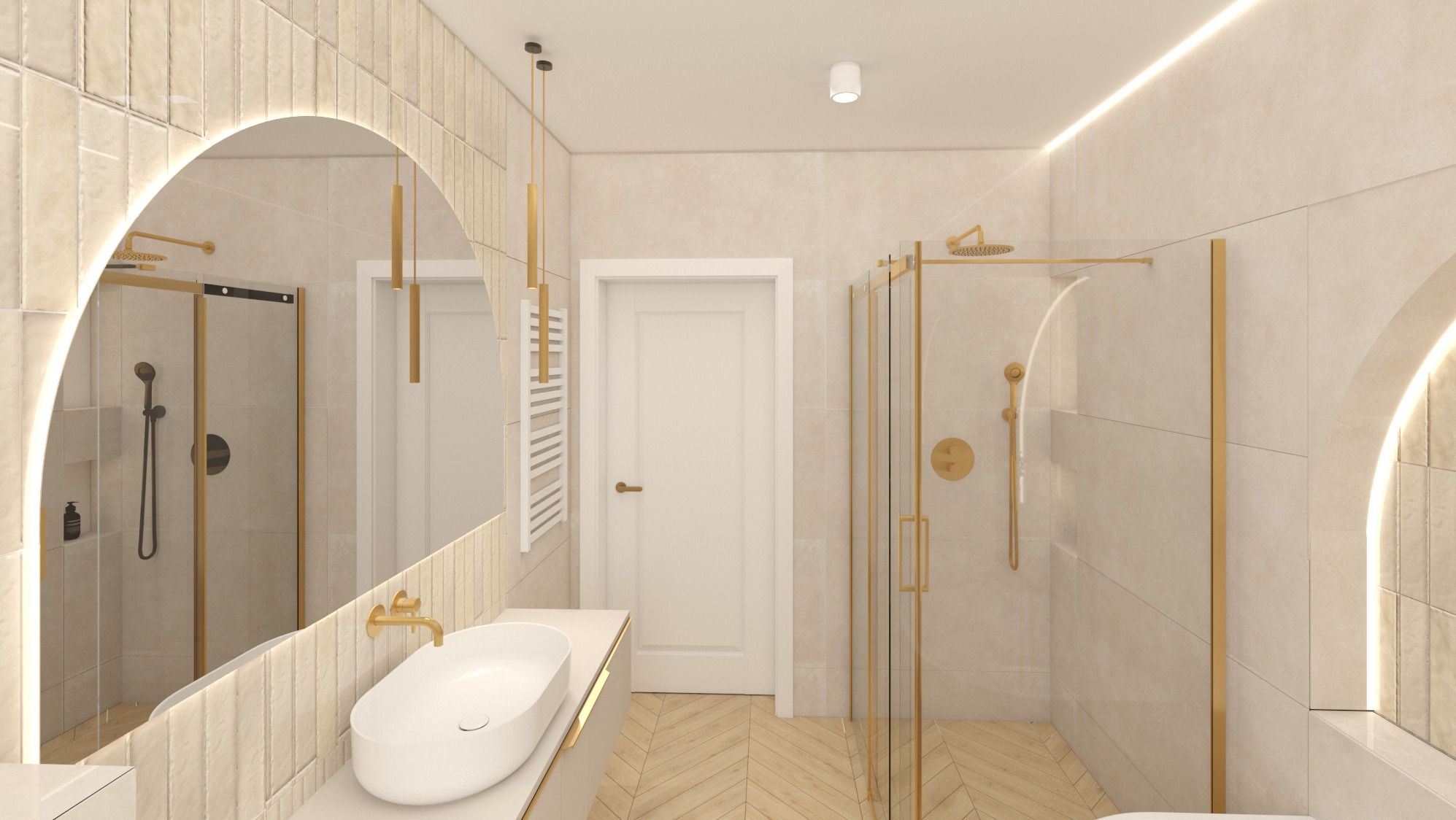 Wizualizacja jasnej łazienki z kabiną prysznicową ze złotymi ramami, umywalką nablatową o owalnym kształcie i podświetlanym lustrem w kształcie łuku, na podłodze parkiet ułożony w jodełkę.