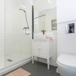 Quality Apartments - Nowoczesna łazienka z kabiną prysznicową typu walk-in, białą szafką z umywalką nablatową i armaturą w kolorze miedzi, uzupełniona o minimalistyczną toaletę i różowy dywanik.