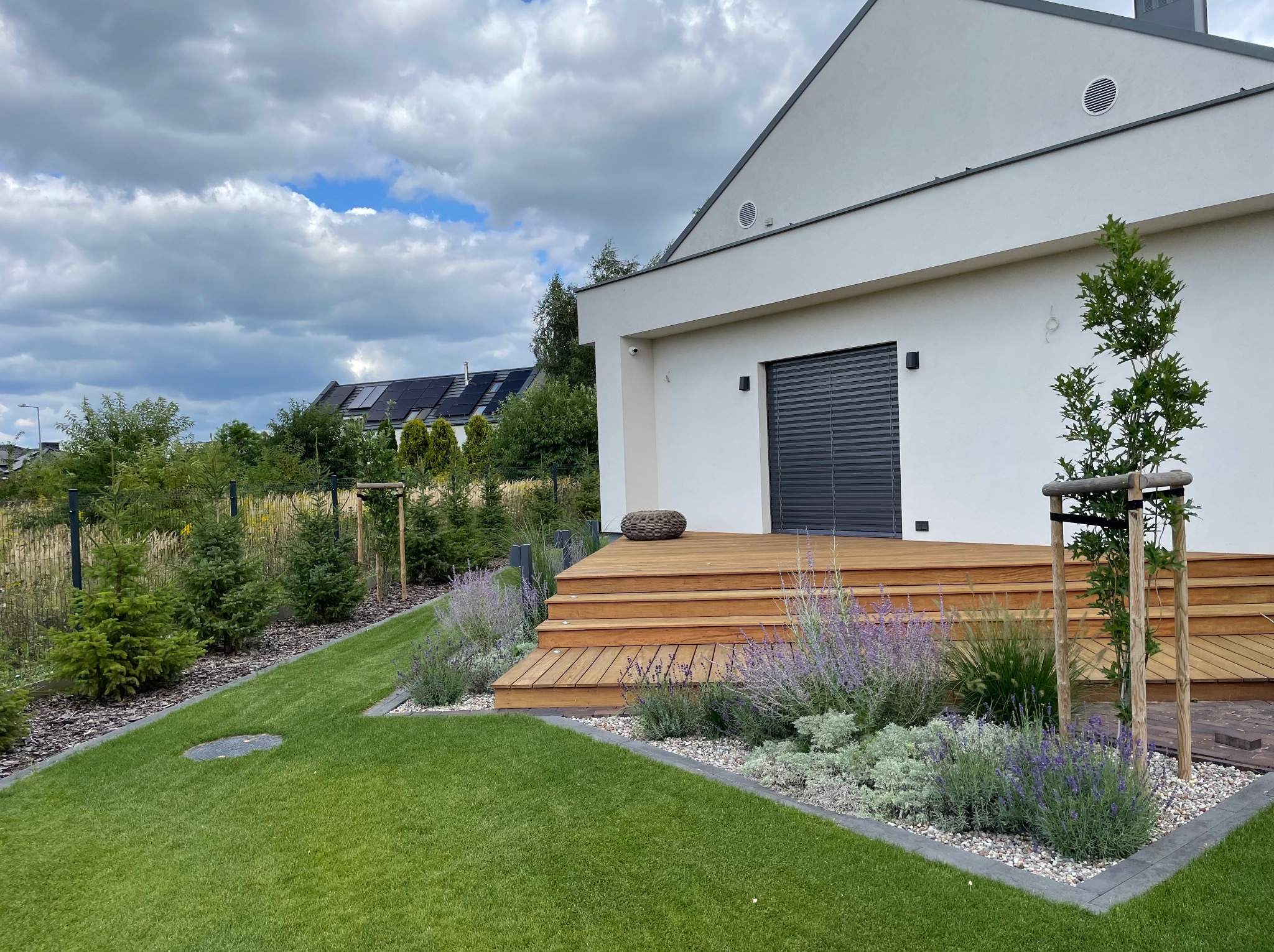 Nowoczesny ogród z drewnianym tarasem schodkowym, obrzeżami z kostki granitowej, równo przystrzyżonym trawnikiem i nasadzeniami z lawendy oraz ozdobnych traw, na tle białego domu z szarymi roletami.