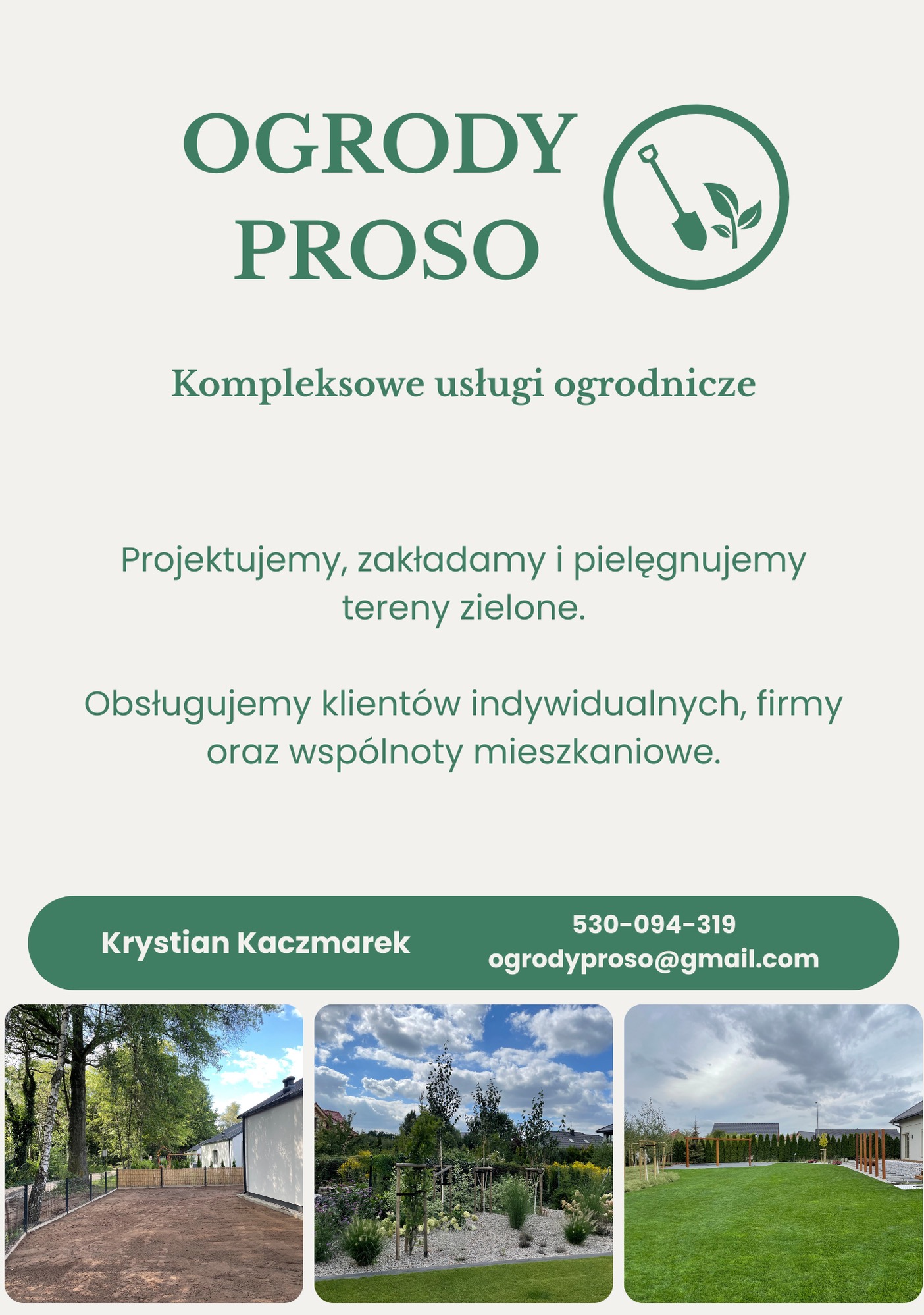 Ulotka firmy Ogrody Proso oferującej kompleksowe usługi ogrodnicze: projektowanie, zakładanie i pielęgnację terenów zielonych dla klientów indywidualnych i firm.