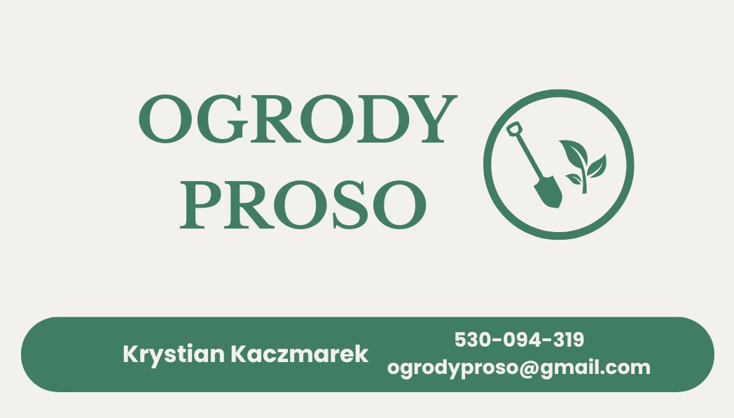 Grafika z nazwą firmy ogrodniczej 'Ogrody Proso', z ikoną łopaty i liści w okręgu. Zawiera imię i nazwisko oraz dane kontaktowe.