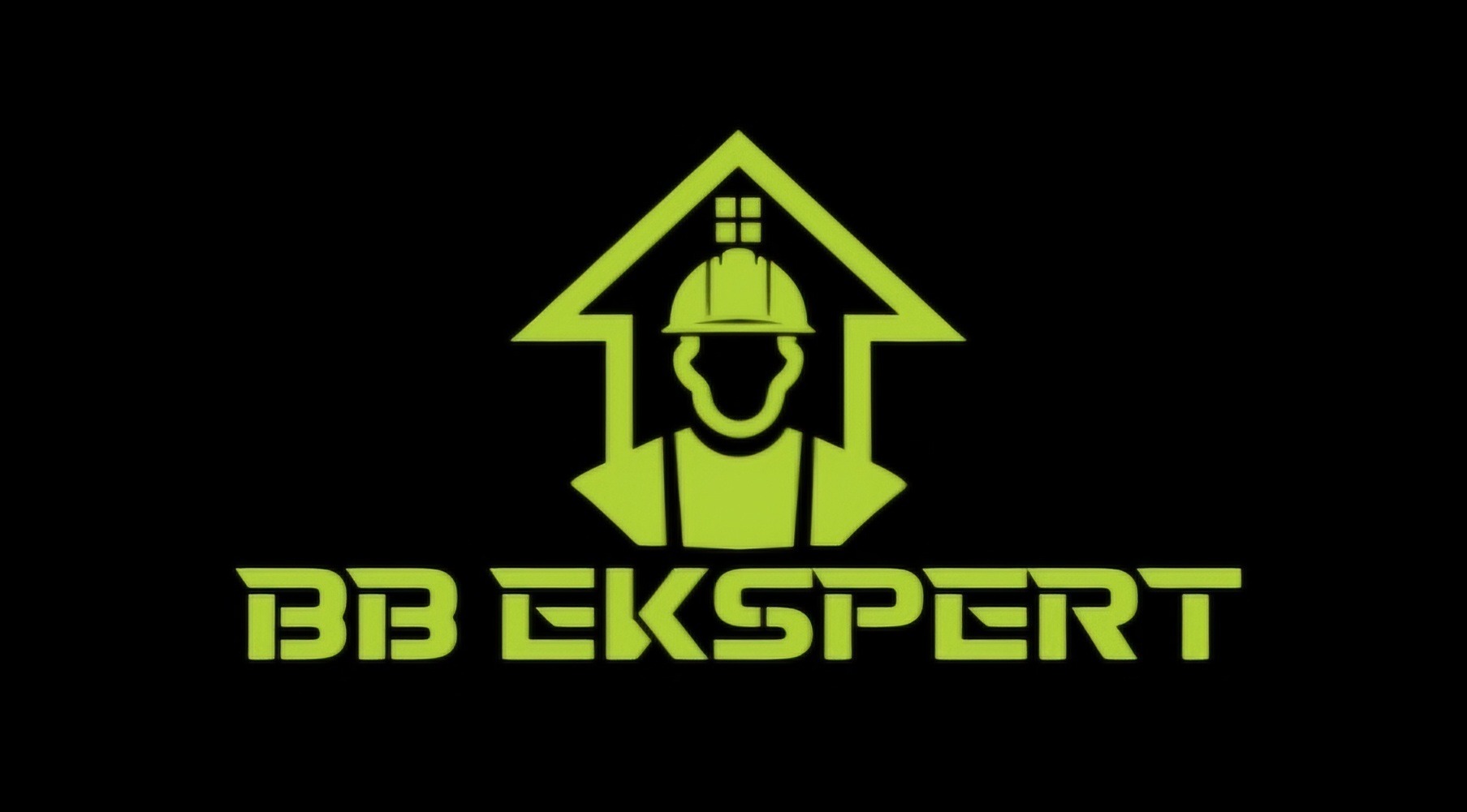 Zielone logo firmy BB Ekspert na czarnym tle, przedstawiające sylwetkę pracownika budowlanego w kasku, wpisaną w kontur domu.