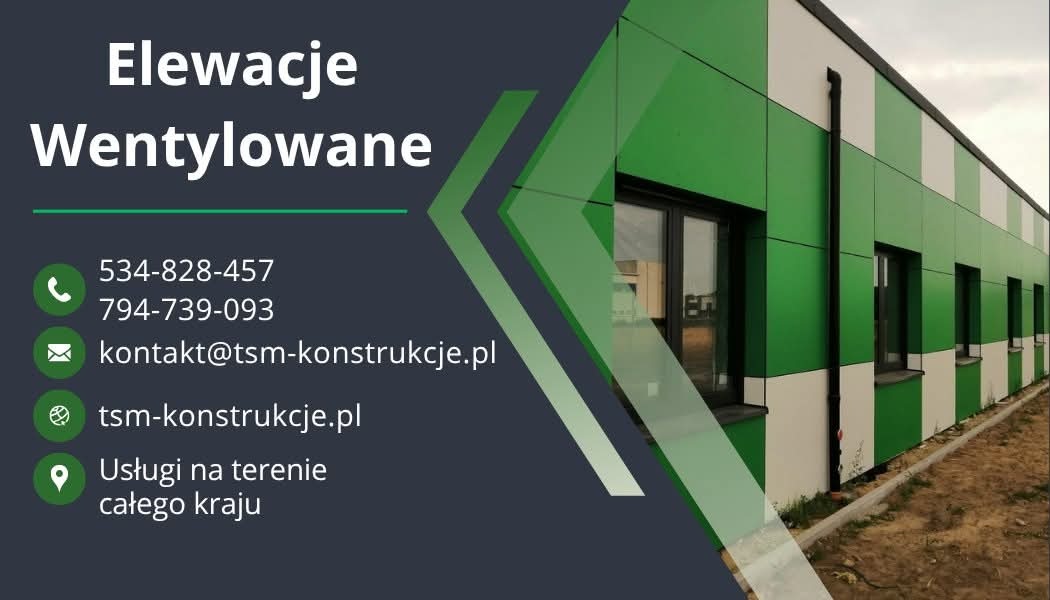 Budynek z elewacją wentylowaną w zielono-białe pasy, widok z zewnątrz, zieleń trawy u dołu. Nakładka graficzna z danymi kontaktowymi firmy.