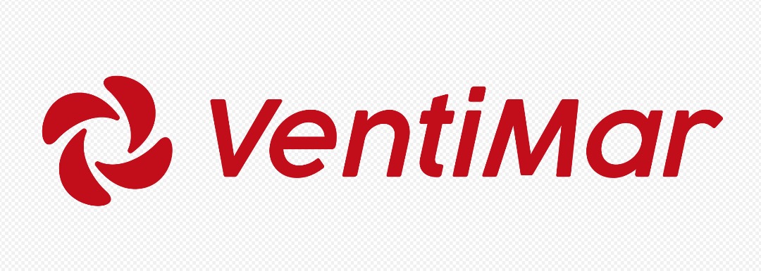 Czerwone logo firmy VentiMar z symbolem wirujących łopatek.