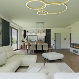 Wizualizacja przestronnego salonu z jadalnią i kuchnią w Kaliszu, z kremową sofą, marmurowym stolikiem kawowym, okrągłą lampą sufitową i kominkiem.