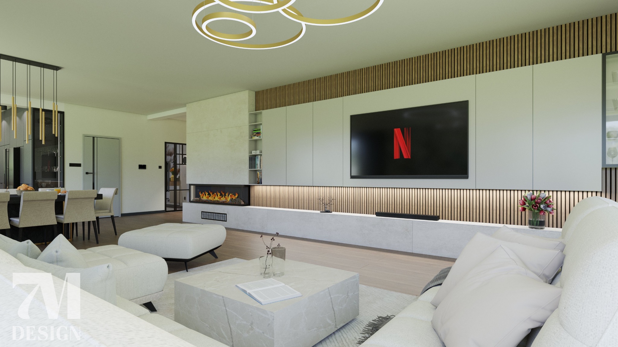 Wizualizacja salonu z kominkiem i telewizorem z logo Netflix, marmurowy stolik kawowy, biała sofa i puf, oświetlenie sufitowe w kształcie pierścieni, drewniane panele ścienne.