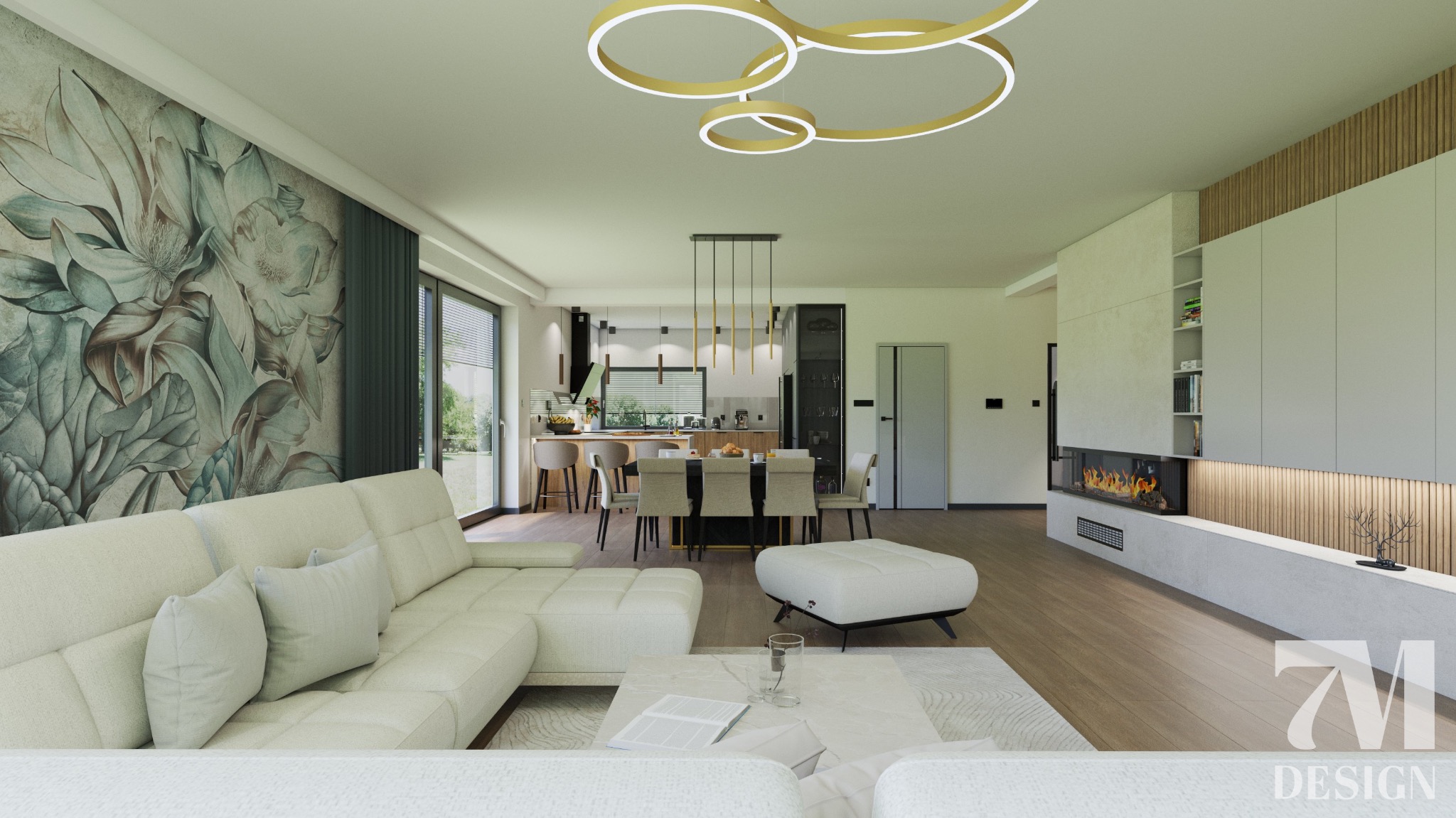 Wizualizacja przestronnego salonu z jadalnią i kuchnią w Kaliszu, z kremową sofą, marmurowym stolikiem kawowym, okrągłą lampą sufitową i kominkiem.