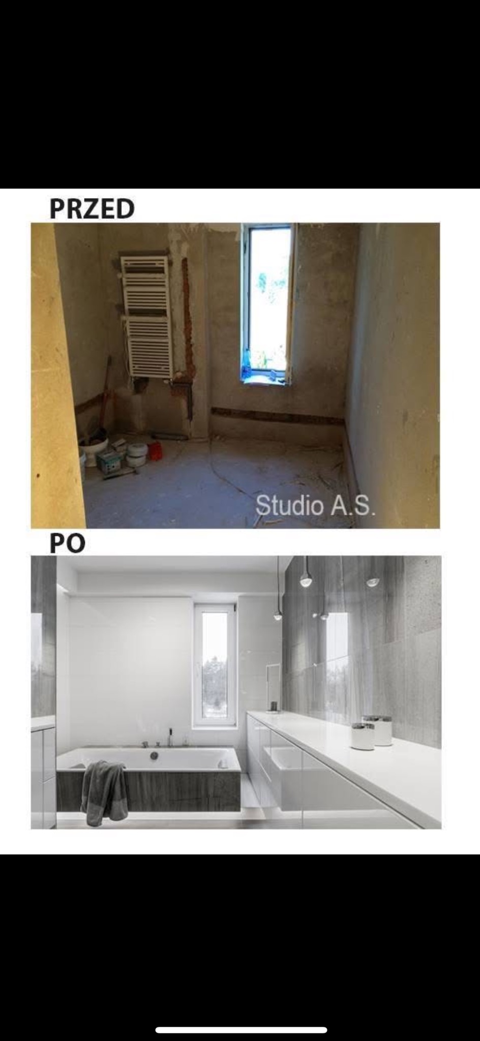 Porównanie stanu łazienki przed i po remoncie: surowe ściany z instalacją grzejnika i okno przed remontem, a po remoncie nowoczesna łazienka z wanną obudowaną drewnem, białą armaturą i szarymi...