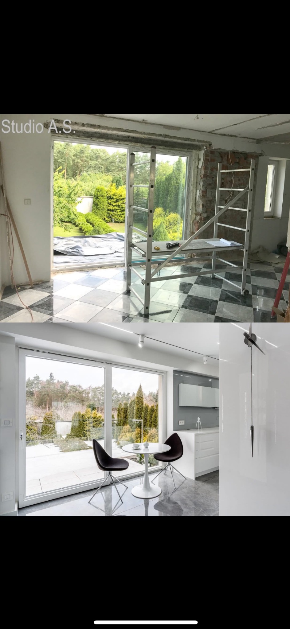 Dwuczęściowe zdjęcie przedstawia etap przed i po wykończeniu wnętrza: górna część ukazuje surowy stan z odsłoniętym murem, rusztowaniem i plamami na podłodze, podczas gdy dolna część prezentuje...