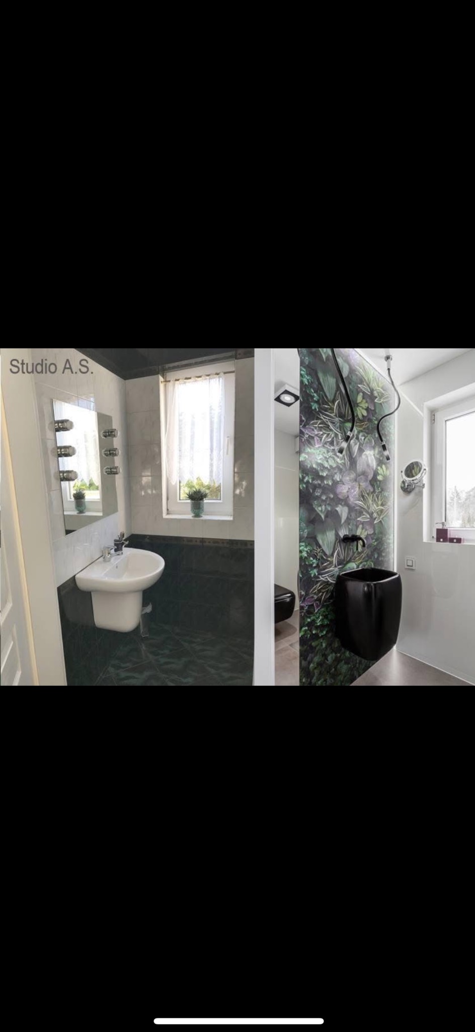 Nowoczesna łazienka z dwoma umywalkami: białą klasyczną i czarną, przypominającą wazon, oraz ścianą z motywem roślinnym.