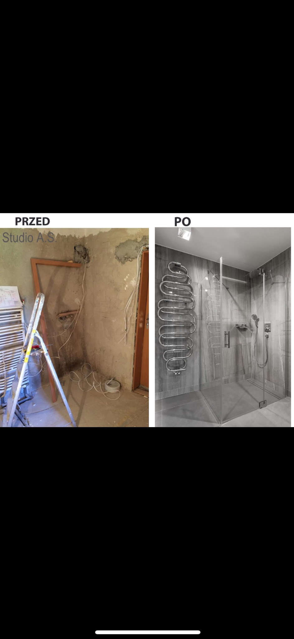 Porównanie stanu łazienki przed i po remoncie: surowe ściany z instalacją elektryczną kontra nowoczesna kabina prysznicowa z grzejnikiem drabinkowym, wykończona w szarościach.