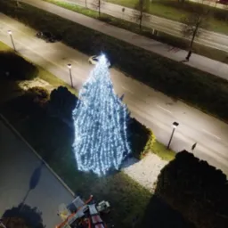Widok z góry na oświetlone drzewko bożonarodzeniowe, ustawione w pasie zieleni przy ulicy, z podnośnika koszowego w trakcie montażu lub demontażu, nocne oświetlenie uliczne.
