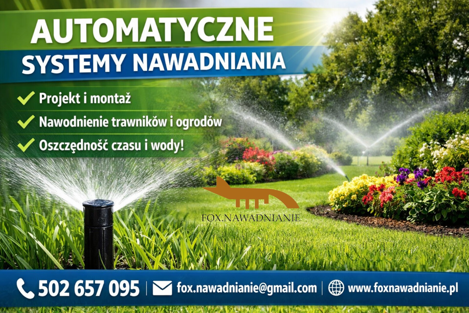 Automatyczne nawadnianie trawnika z kolorowymi kwiatami. Woda tryska z dysz. Reklama firmy Fox.nawadnianie z numerem telefonu i adresem e-mail.