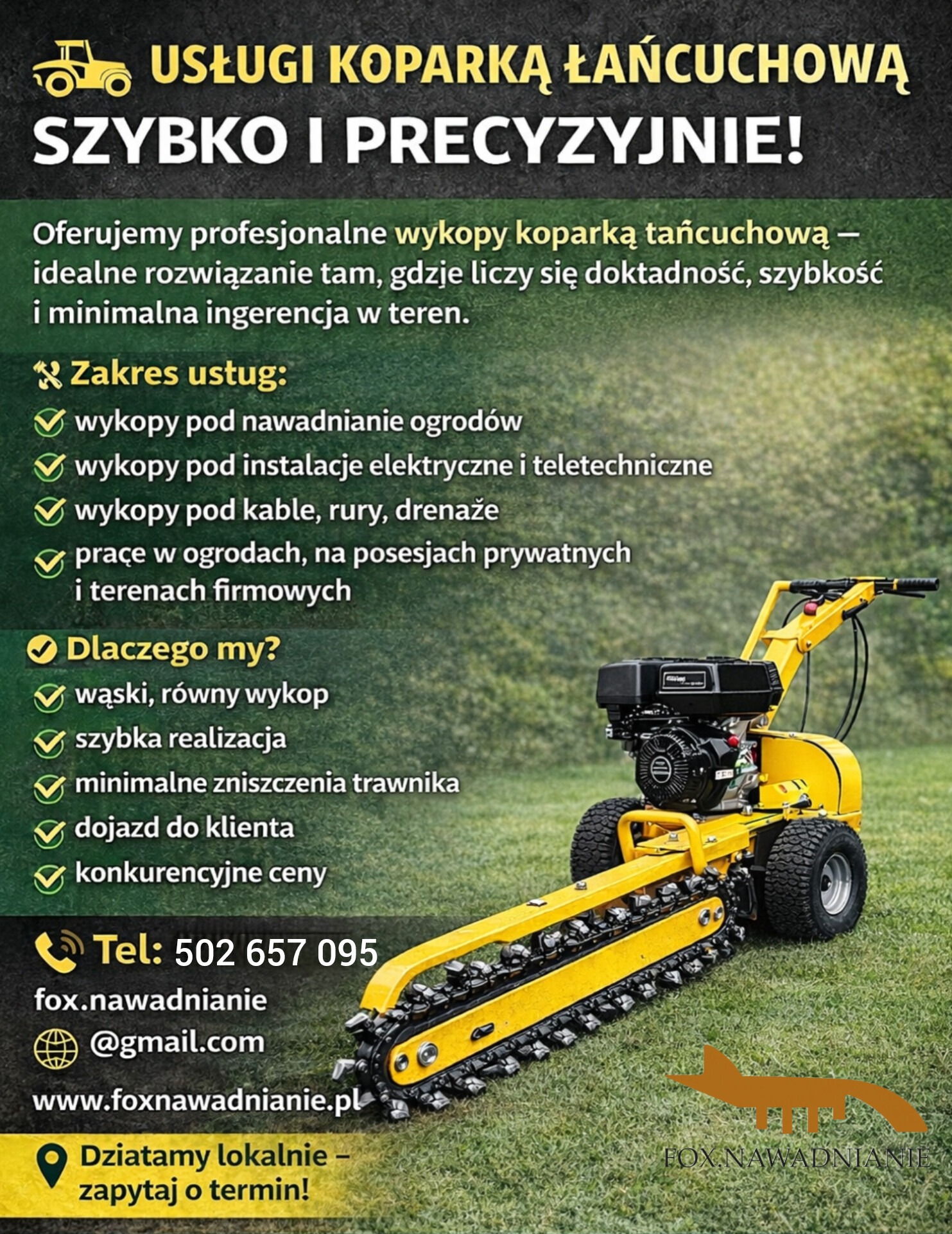 Żółta koparka łańcuchowa na trawie, prezentowana na tle informacji o usługach wykopów pod nawadnianie, instalacje i drenaż. Minimalne zniszczenia trawnika.