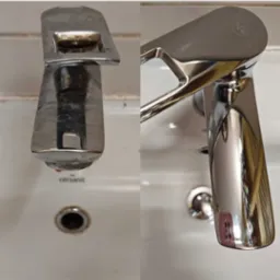 Porównanie baterii umywalkowej: przed czyszczeniem z widocznymi osadami i po czyszczeniu z połyskiem.