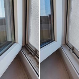 Magia Czystości Marta Guzek - Porównanie stanu okna przed i po czyszczeniu: widoczne zabrudzenia w narożniku ramy okiennej i czysta powierzchnia po prawej stronie.