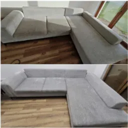 Porównanie stanu narożnika przed i po czyszczeniu tapicerki w Starym Luboszu: widoczne wyraźne różnice w odświeżeniu koloru i usunięciu zabrudzeń.