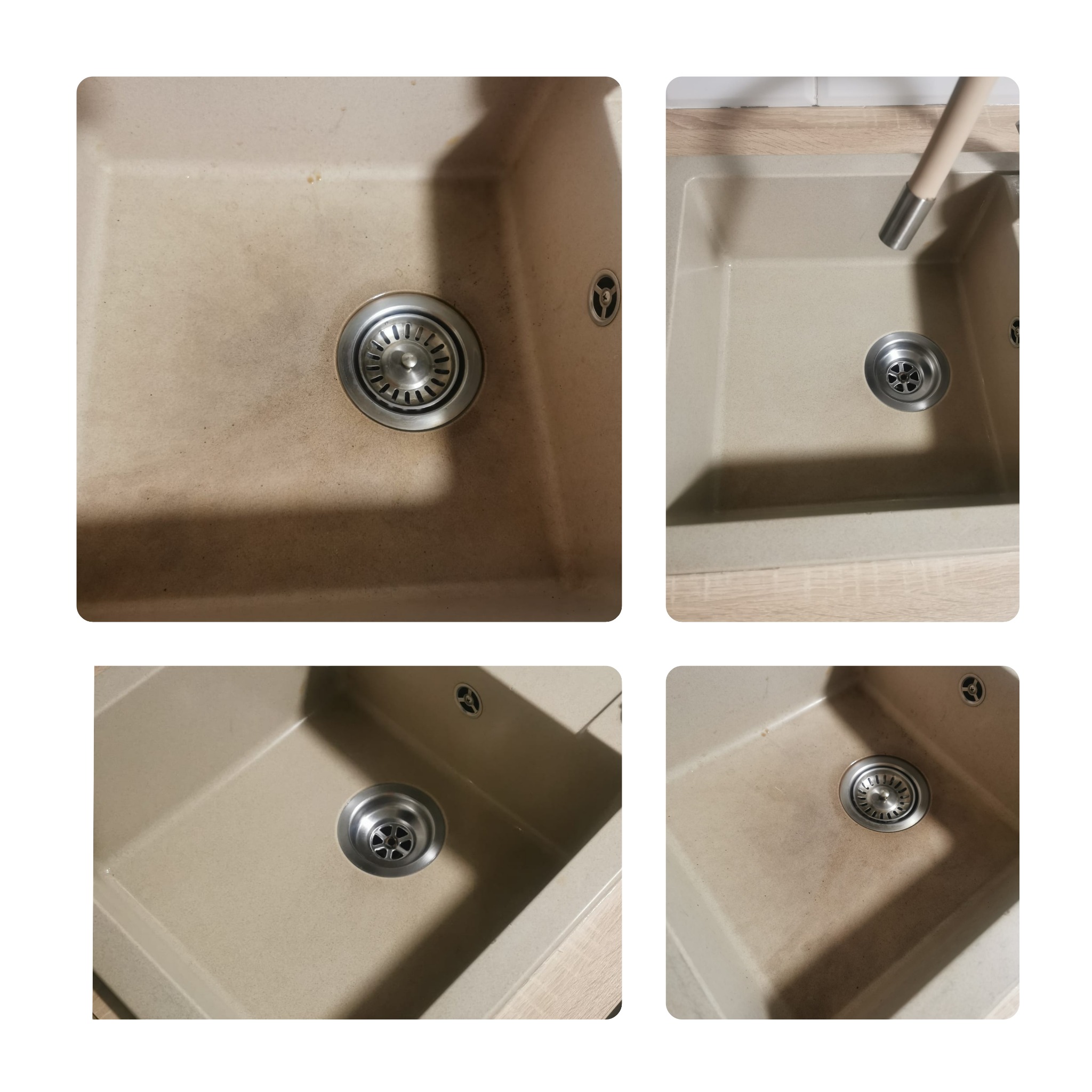 Cztery ujęcia beżowego zlewu kuchennego z metalowym odpływem, widoczne zabrudzenia i osady przed czyszczeniem.