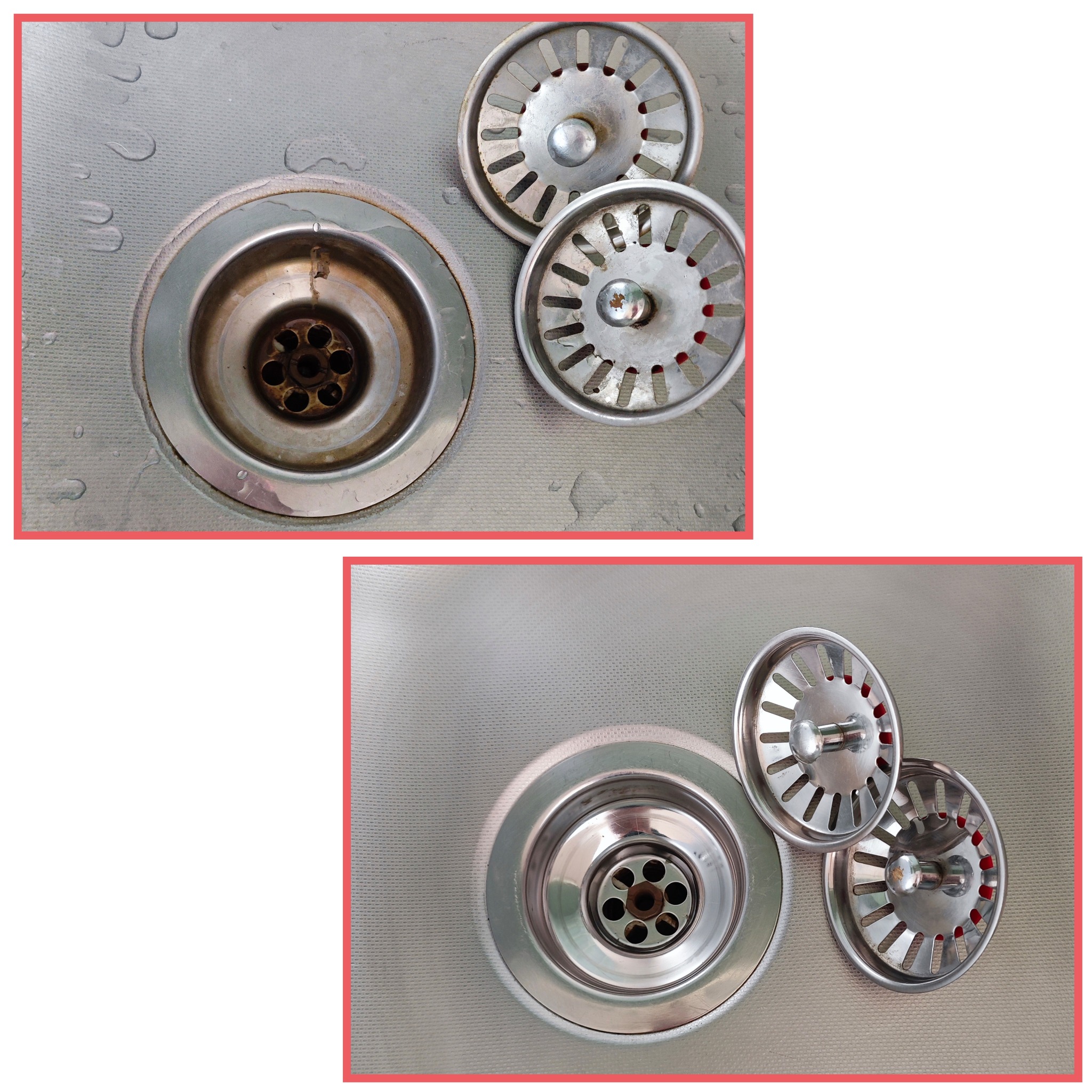 Dwa ujęcia tego samego zlewu ze stali nierdzewnej. Na górnym ujęciu widoczny jest odpływ zlewu z osadami i kroplami wody, obok leżą dwa sitka. Na dolnym ujęciu odpływ jest czysty, a sitka leżą...