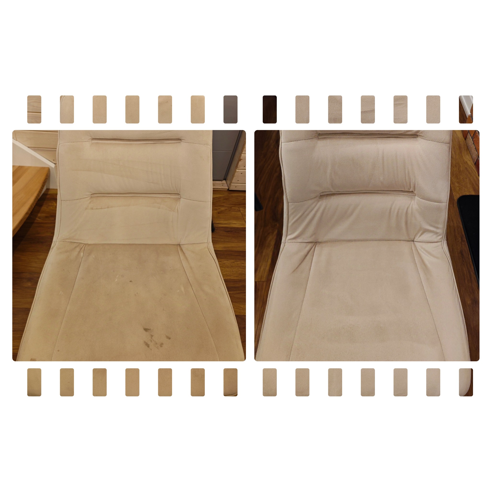 Beżowy fotel tapicerowany, porównanie przed i po czyszczeniu, widoczne plamy przed i wyraźna poprawa po zabiegu, ujęcie z góry w ramce imitującej kliszę filmową.