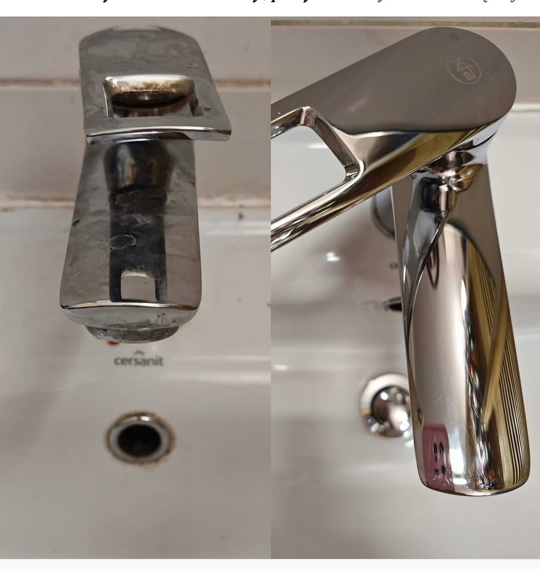 Porównanie baterii umywalkowej: przed czyszczeniem z widocznymi osadami i po czyszczeniu z połyskiem.
