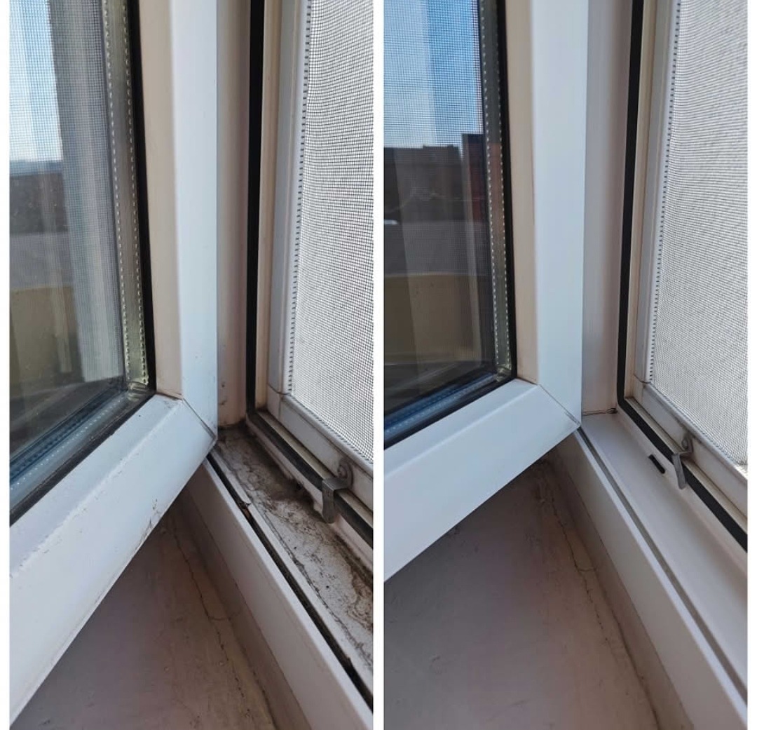 Porównanie stanu okna przed i po czyszczeniu: widoczne zabrudzenia w narożniku ramy okiennej i czysta powierzchnia po prawej stronie.