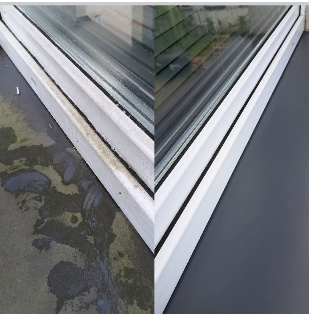 Porównanie: zabrudzone okno przed i po umyciu, widoczne detale czyszczenia ramy i parapetu.