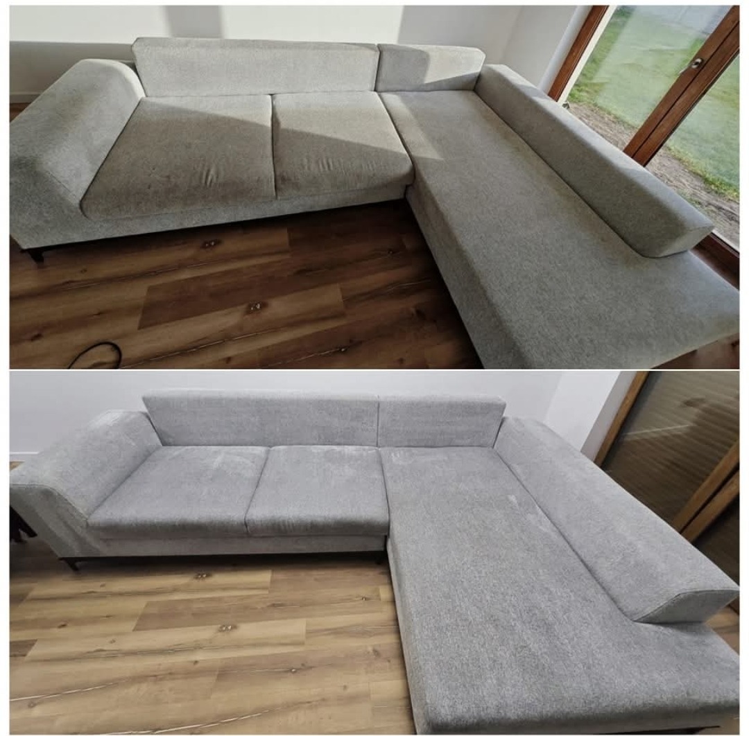 Porównanie stanu narożnika przed i po czyszczeniu tapicerki w Starym Luboszu: widoczne wyraźne różnice w odświeżeniu koloru i usunięciu zabrudzeń.