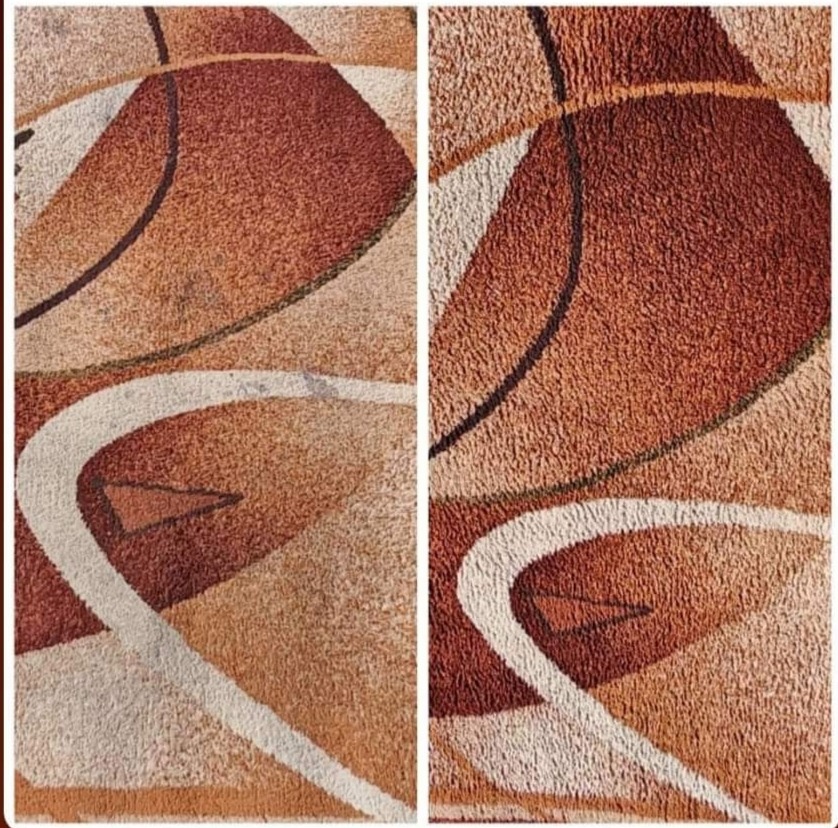 Porównanie fragmentu dywanu przed i po czyszczeniu, widoczne różnice w kolorze i usunięte zabrudzenia na tle wzoru w odcieniach brązu i beżu.