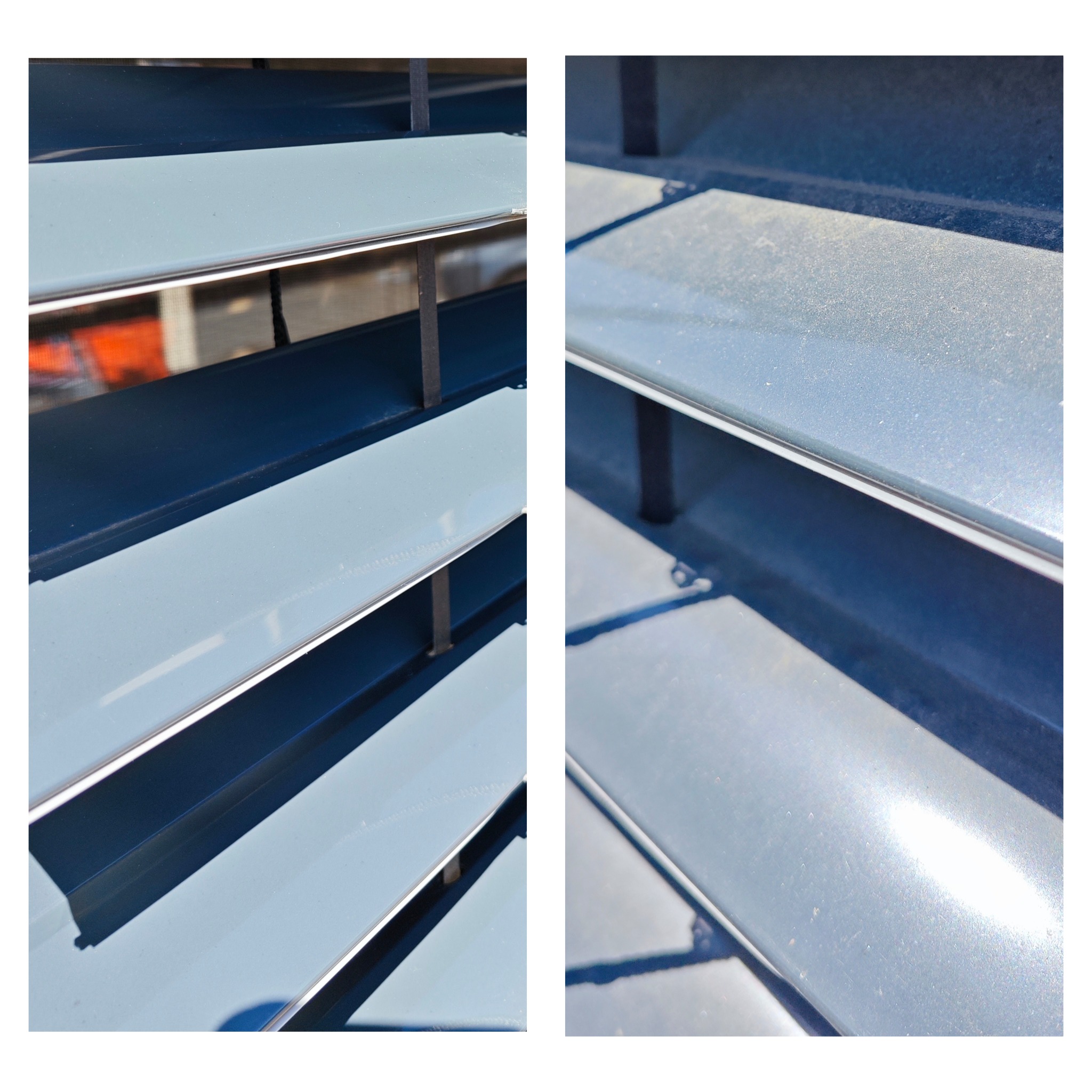 Szczegółowe zbliżenie na brudne, szare żaluzje poziome z widocznymi smugami kurzu i zaciekami, oświetlone jasnym światłem słonecznym z widokiem na pomarańczowy budynek w tle.