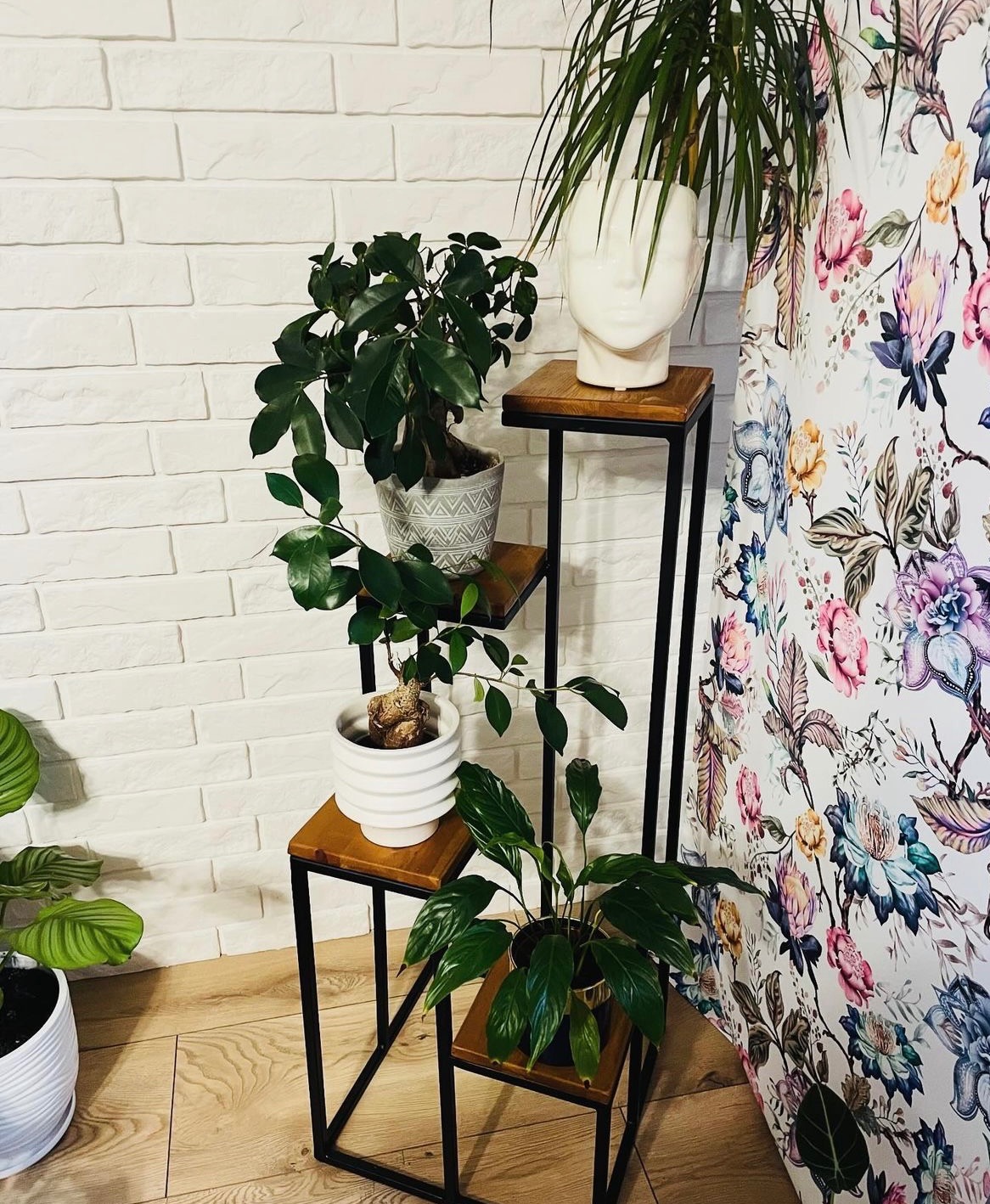 Wielopoziomowy kwietnik z czarną metalową ramą i drewnianymi półkami, na których stoją rośliny doniczkowe; w tle biała ściana z cegły i zasłona w kwiaty.