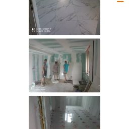 G.M Complex -Profi - Mozaika zdjęć: wykończona marmurowa łazienka, montaż płyt karton-gips przez trzech mężczyzn, układanie płytek podłogowych z użyciem krzyżyków dystansowych.