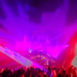 Tłum ludzi na koncercie oświetlonym intensywnymi, purpurowo-czerwonymi laserami. W tle scena z elementami dekoracyjnymi. Ujęcie z dołu, dynamiczne.
