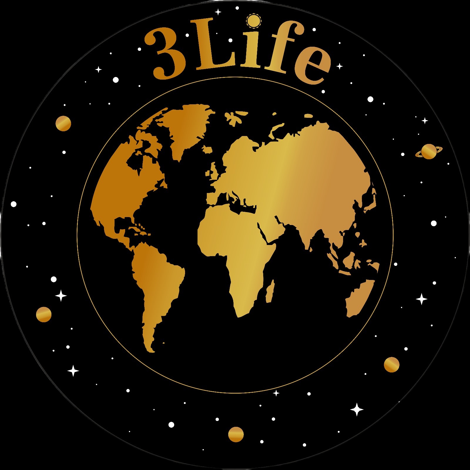 Grafika z napisem '3Life' i złotą mapą świata na czarnym tle, otoczona gwiazdami i planetami w okręgu. Nowoczesny design z elementami kosmicznymi.