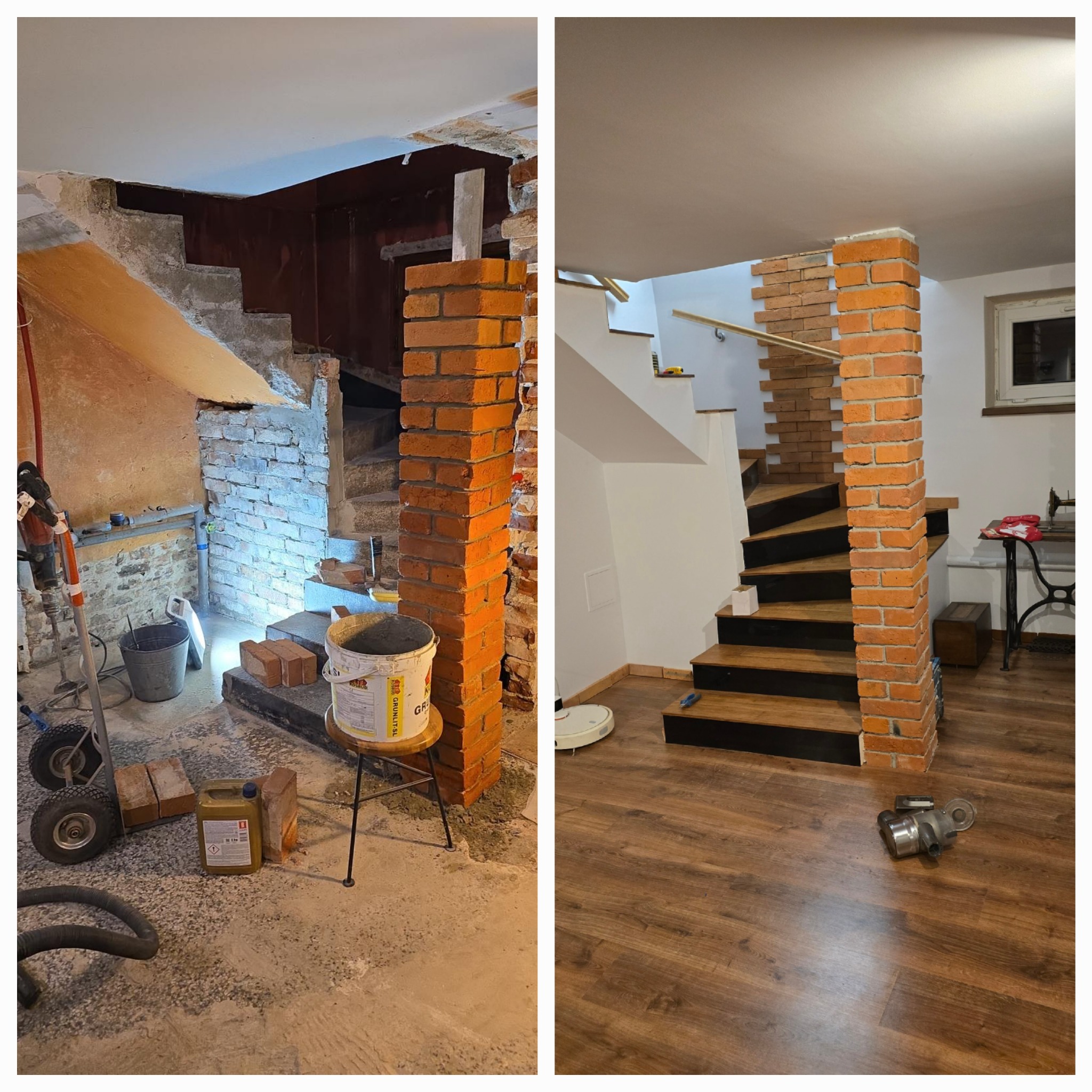 Porównanie stanu surowego i wykończonego wnętrza: widok na schody z ceglanym filarem przed i po remoncie, ukazujący postęp prac od stanu deweloperskiego z narzędziami i materiałami budowlanymi...
